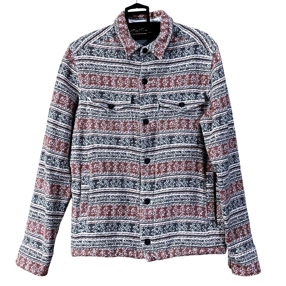 Wellen Shirt Jacket Men M Rust Navy Multi Organic Cotton Jacquard Shacket Stripe